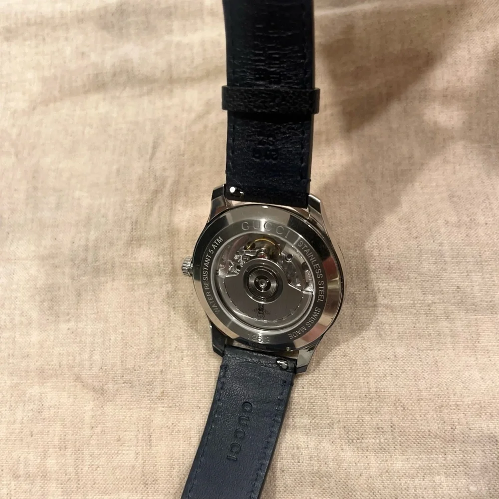 $3950 Gucci G-Timeless 40mm Charm Dial Automatic Watch, Deep Navy Blue